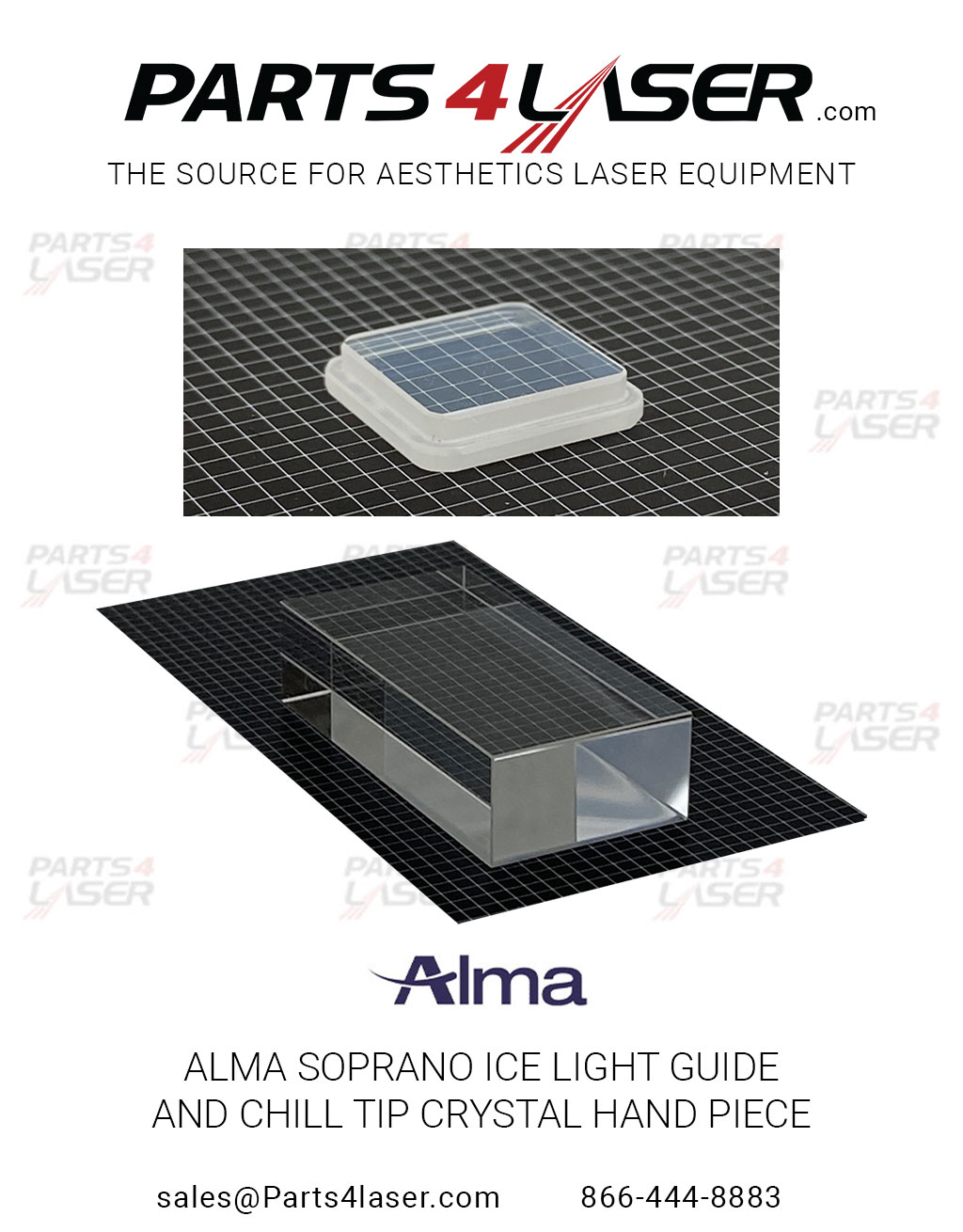 ALMA SOPRANO ICE LIGHT GUIDE CRYSTAL HAND PIECE AND ALMA SOPRANO CHILL TIP LENS