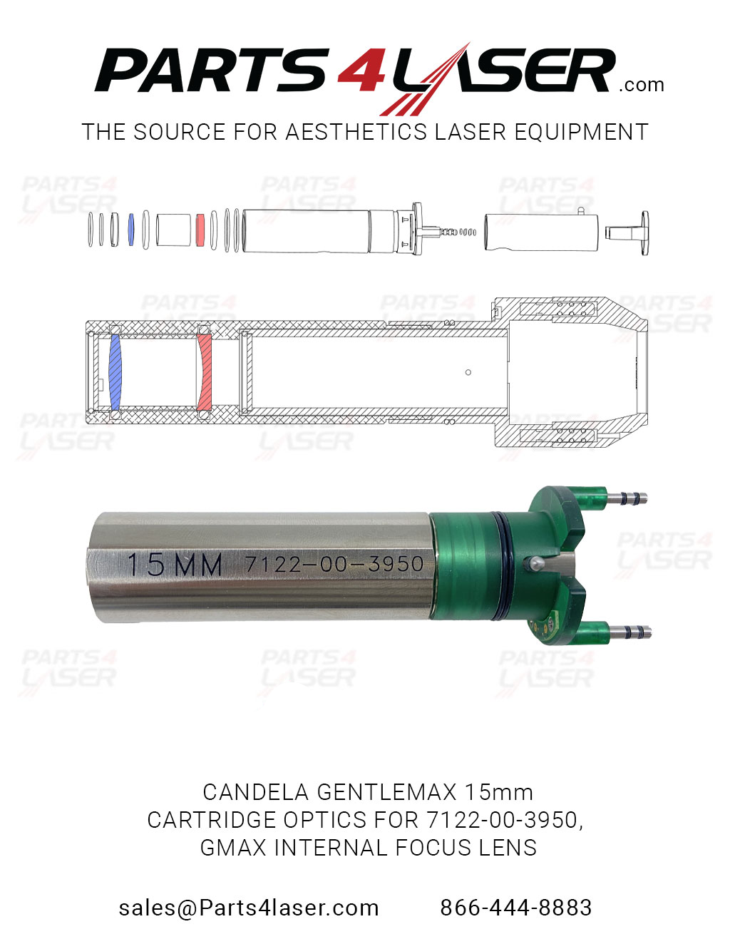 CANDELA GENTLEMAX 15mm CARTRIDGE OPTICS FOR 7122-00-3950, GMAX INTERNAL FOCUS LENS 8050-00-3099 , 8050-00-3104 CACN1356, B16
