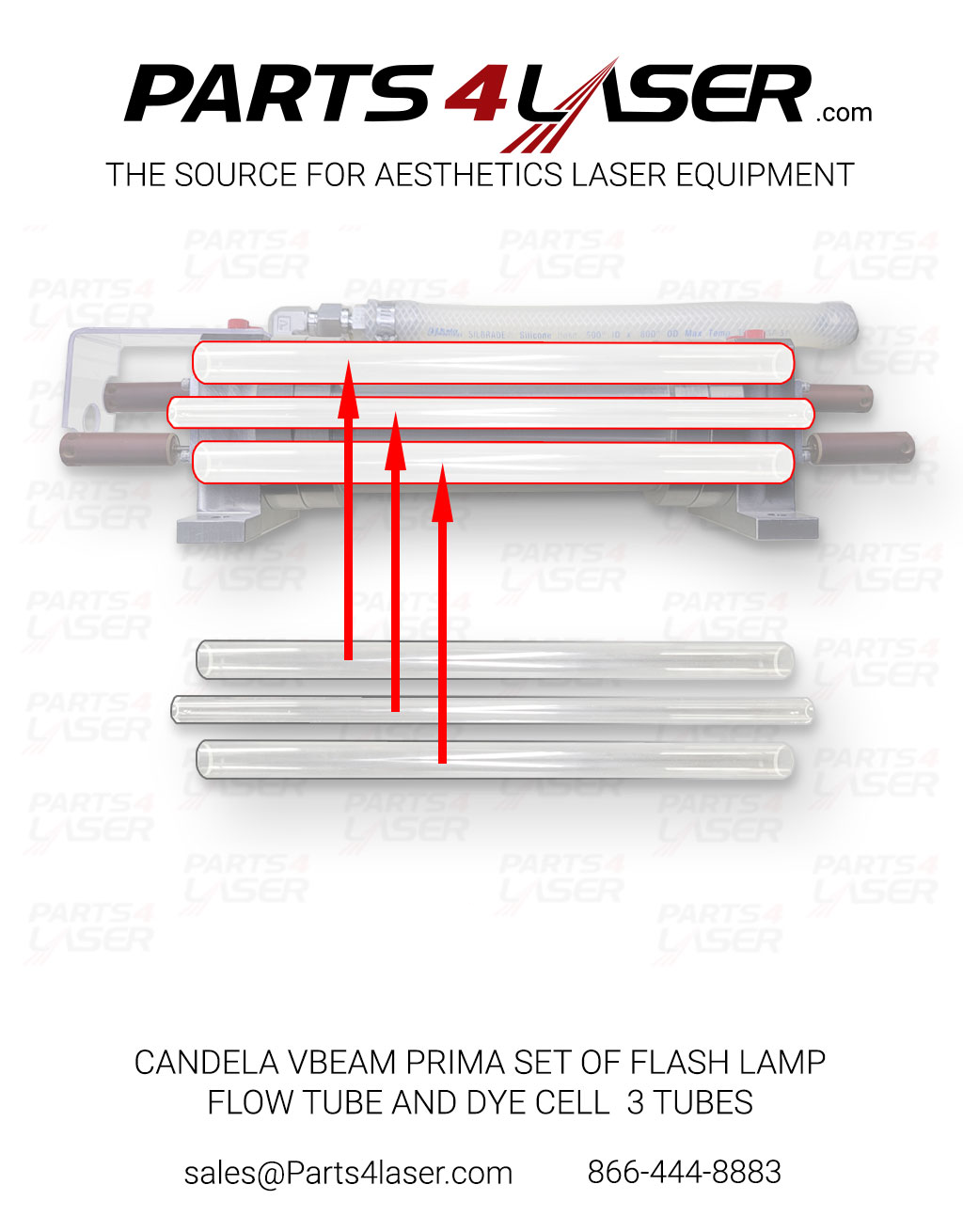 CANDELA VBEAM PRIMA SET OF FLASH LAMP FLOW TUBE AND DYE CELL 3 TUBES 1303-00-0735 1303-00-0736