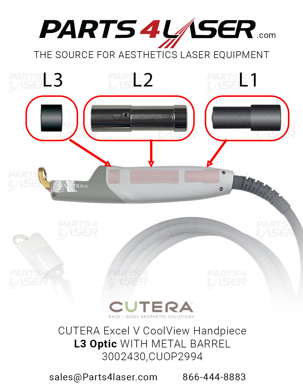 CUTERA EXCEL V COOLVIEW HANDPIECE L3 OPTIC WITH METAL BARREL 3002430, CUOP2994