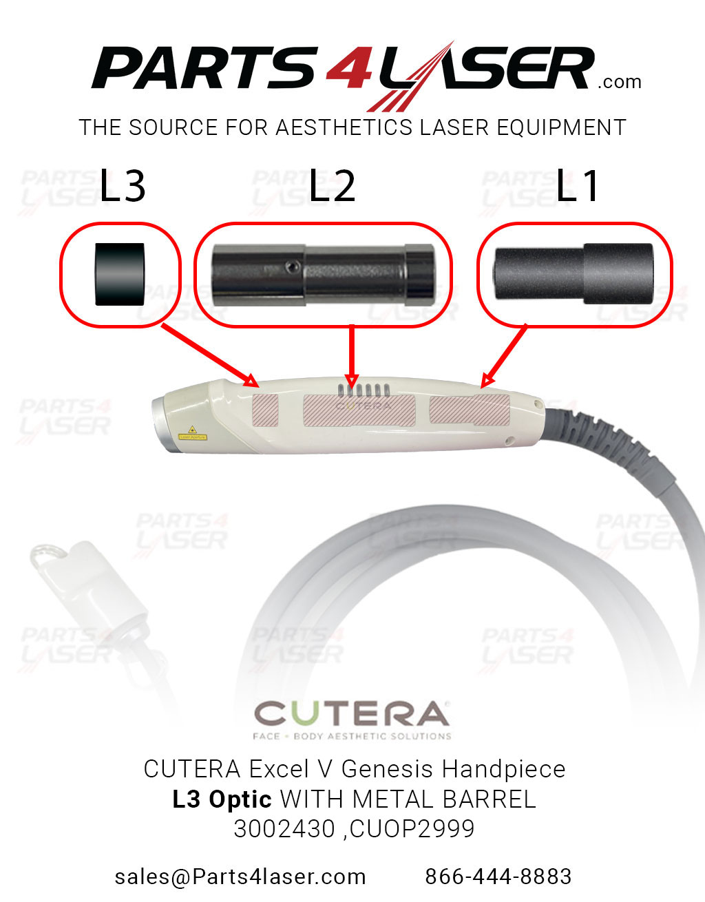 CUTERA EXCEL V GENESIS HANDPIECE L3 OPTIC WITH METAL BARREL 3002430 ,CUOP2999