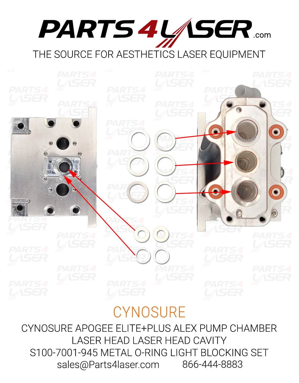 CYNOSURE APOGEE ELITE+PLUS ALEX PUMP CHAMBER LASER HEAD LASER HEAD CAVITY S100-7001-945 METAL O-RING LIGHT BLOCKING SET CYLH3718