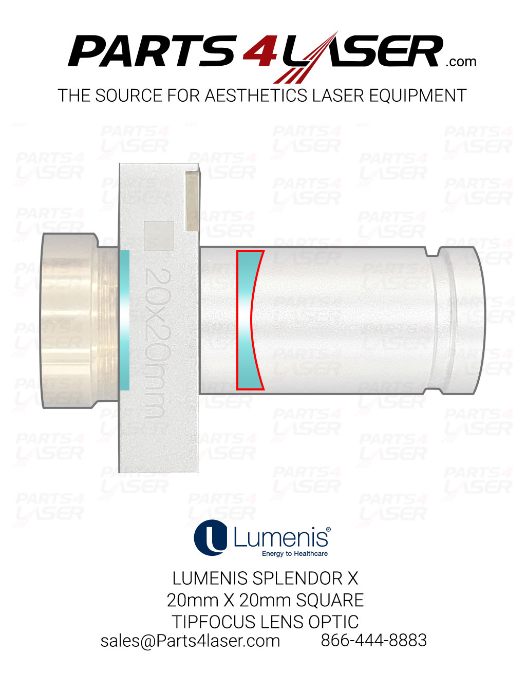 LUMENIS SPLENDOR X, 20mm X 20mm SQUARE TIP FOCUS LENS OPTIC LUOP3487, B50