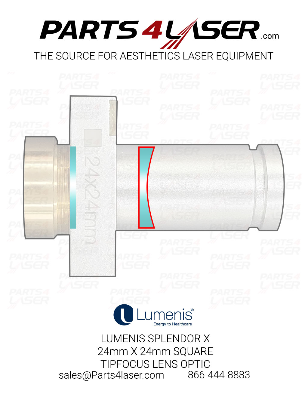 LUMENIS SPLENDOR X , 24mm X 24mm SQUARE TIP FOCUS LENS OPTIC ONLY B50 LUOP3488