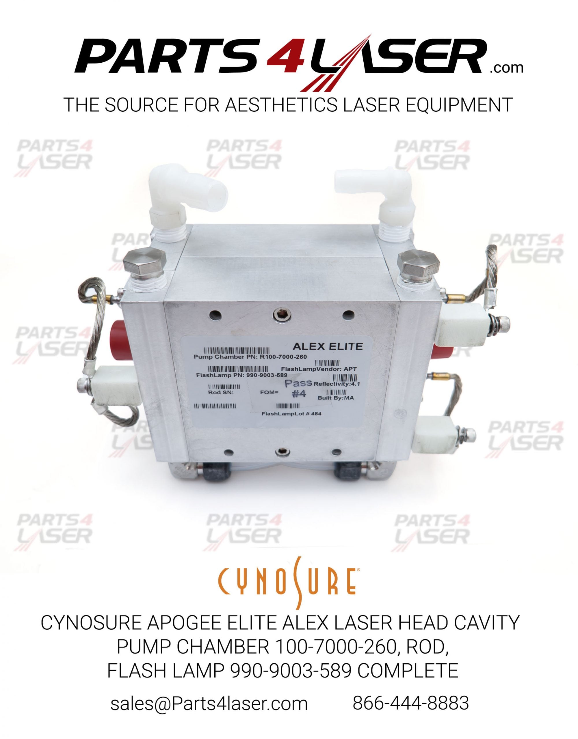 CYNOSURE APOGEE ELITE ALEX ELMD LASER HEAD CAVITY PUMP CHAMBER 100-7000-260, ROD AND FLASH LAMP 990-9003-589 COMPLETE CYLH3664