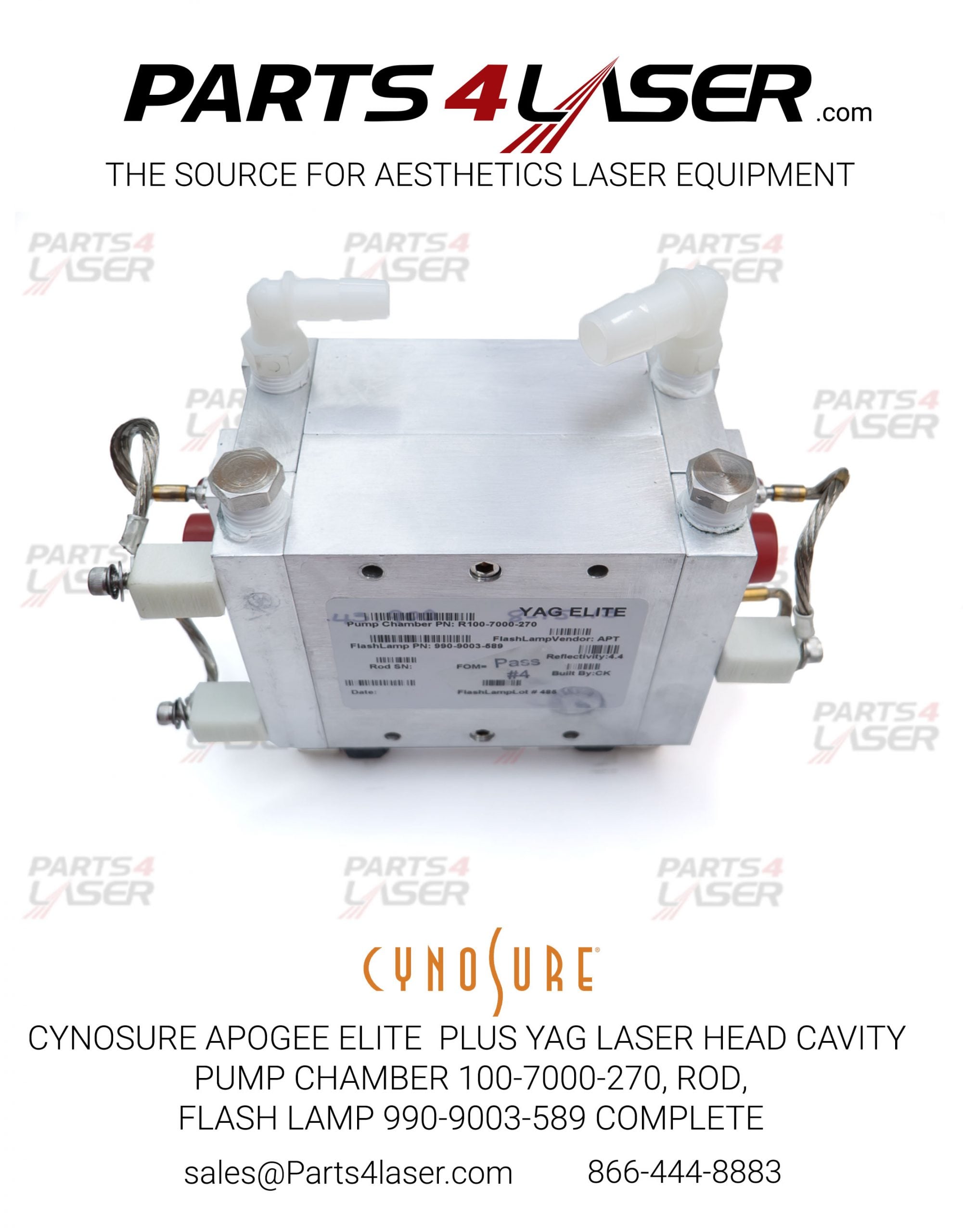 CYNOSURE APOGEE ELITE PLUS ELMD YAG LASER HEAD CAVITY PUMP CHAMBER 100-7000-270, ROD AND FLASH LAMP 990-9003-589 COMPLETE CYLH3262