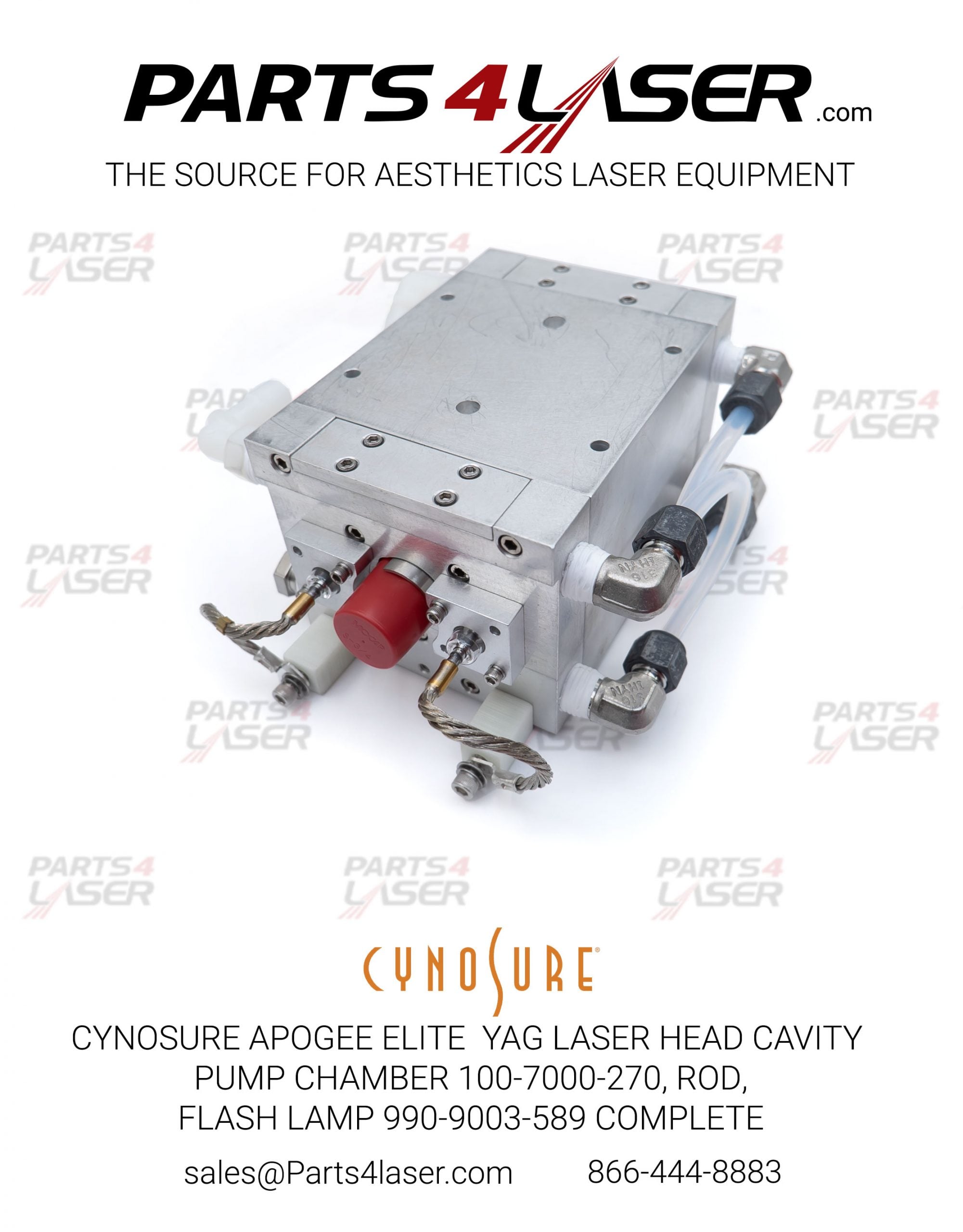 CYNOSURE APOGEE ELITE ELMD YAG LASER HEAD CAVITY PUMP CHAMBER 100-7000-270, ROD AND FLASH LAMP 990-9003-589 COMPLETE CYLH3262